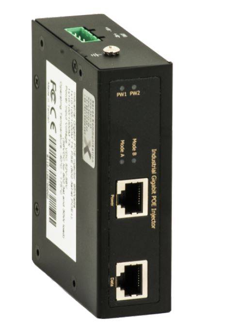 Industrieller Gigabit PoE-Injektor mit zwei Ethernet-Anschlüssen, Stromversorgungsleuchtdioden und grünem Klemmblock auf schwarzem Metallgehäuse.