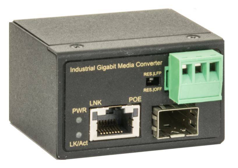 Industrieller Gigabit-Medienkonverter mit Ethernet-Port, PoE-Etikett, Status-LEDs und grünem Klemmblock auf der Frontseite.