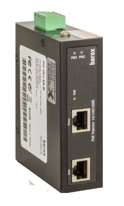 Industrielles Barox PoE-Injektormodul mit zwei Ethernet-Anschlüssen, Status-LEDs und grünem Terminalstecker oben.