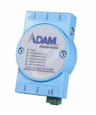 Blauer ADAM-6520I industrieller 5-Port-Ethernet-Switch mit beschrifteten Anschlüssen und Stromterminals, frontal vor weißem Hintergrund dargestellt.