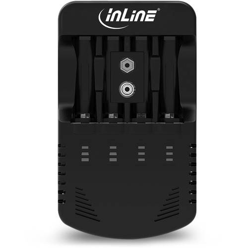 Ein schwarzes tragbares Batterie-Ladegerät mit mehreren Ladeplätzen, geeignet für verschiedene Batterietypen, mit einer Anzeigeleuchte oben.