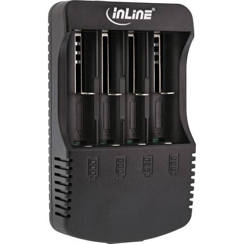 InLine'-Markenbatterie-Ladegerät in Schwarz mit vier Steckplätzen für wiederaufladbare Batterien, gezeigt ohne eingelegte Batterien.