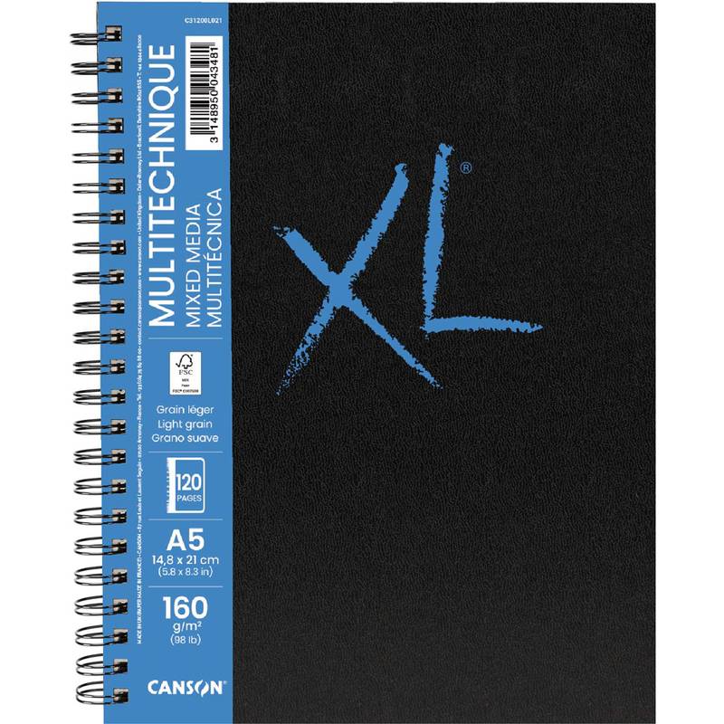 Spiralgebundenes Canson XL schwarzes Skizzenbuch mit blauem Etikett, 'MULTITECHNIQUE A5'. Enthält 120 Blatt Mischtechnik-Papier mit 160 g/m².