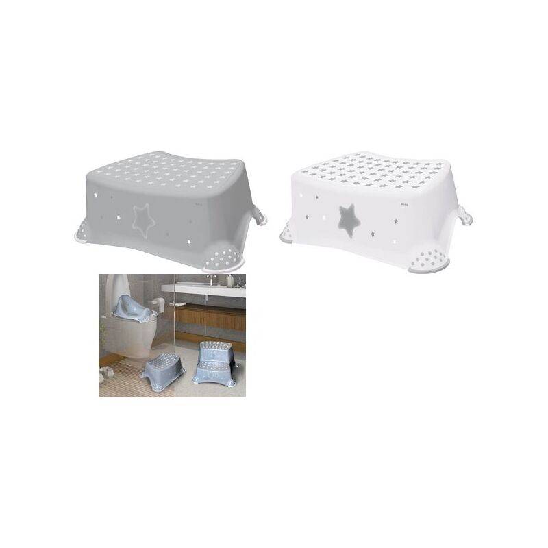 Zwei Kinder-Tritthocker mit Sternendesign: einer grau, einer weiß. Kleine Einblendung unten links zeigt Hocker neben einem Waschbecken, der einem Kind hilft, höher zu reichen.