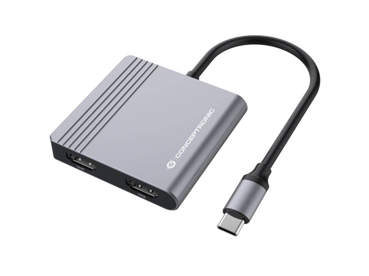 USB-C-Adapter-Hub mit einem kurzen Kabel und zwei USB-Anschlüssen auf einem grauen Gehäuse