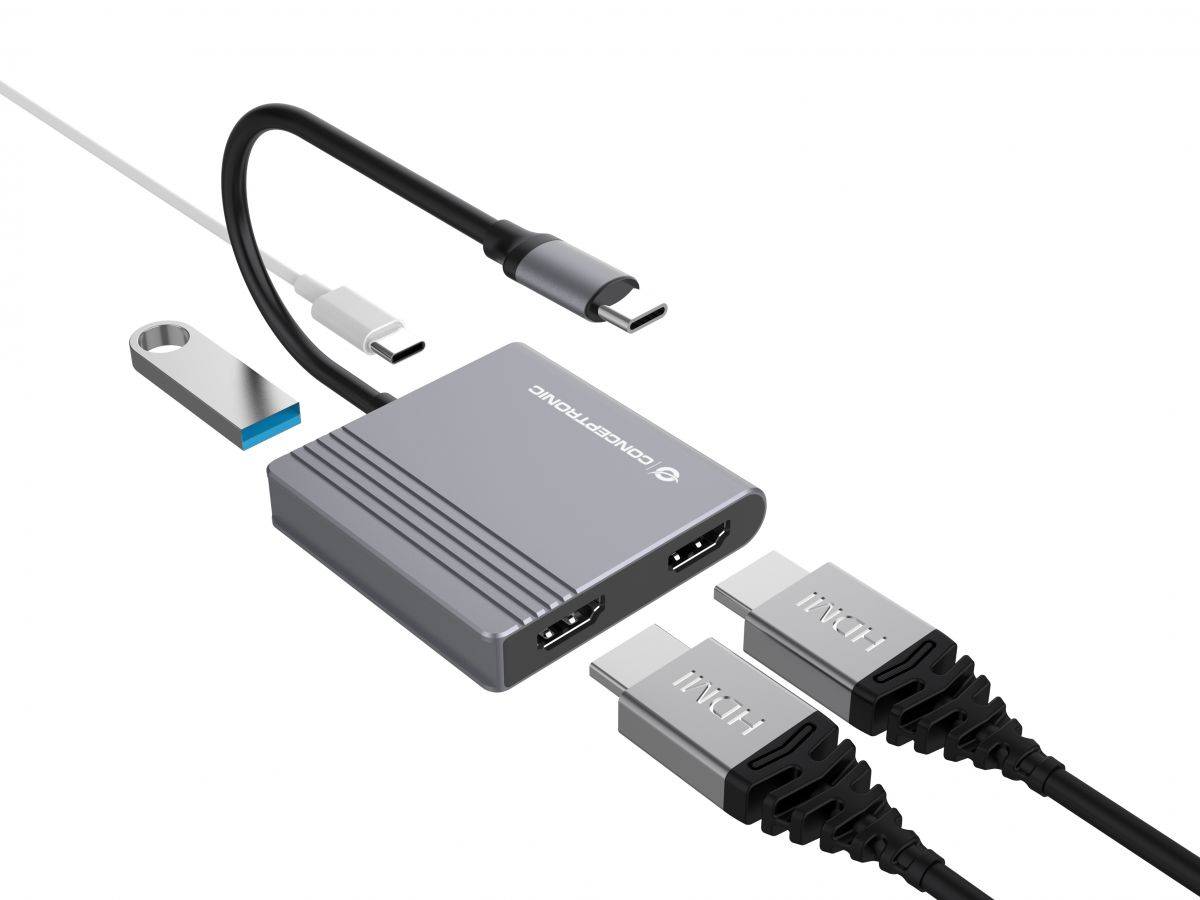 USB-C-Hub mit HDMI- und USB-Anschlüssen, abgebildet mit angeschlossenem USB-C-Kabel und zwei HDMI-Kabeln zum Verbinden von Geräten mit einem Display.