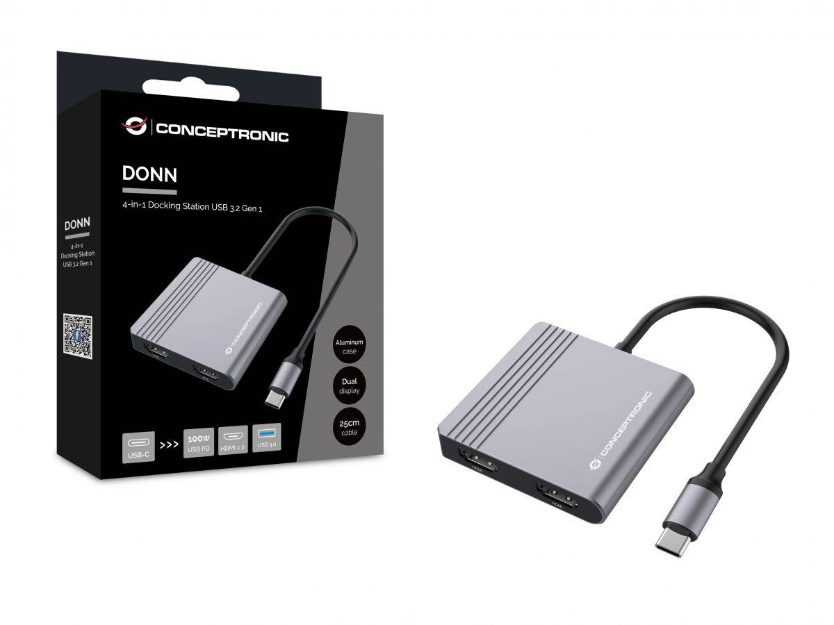 Concepttronic DONN 4-in-1 Dockingstation in der Schachtel und der silberne USB-C-Hub mit angeschlossenem Kabel auf weißem Hintergrund gezeigt.