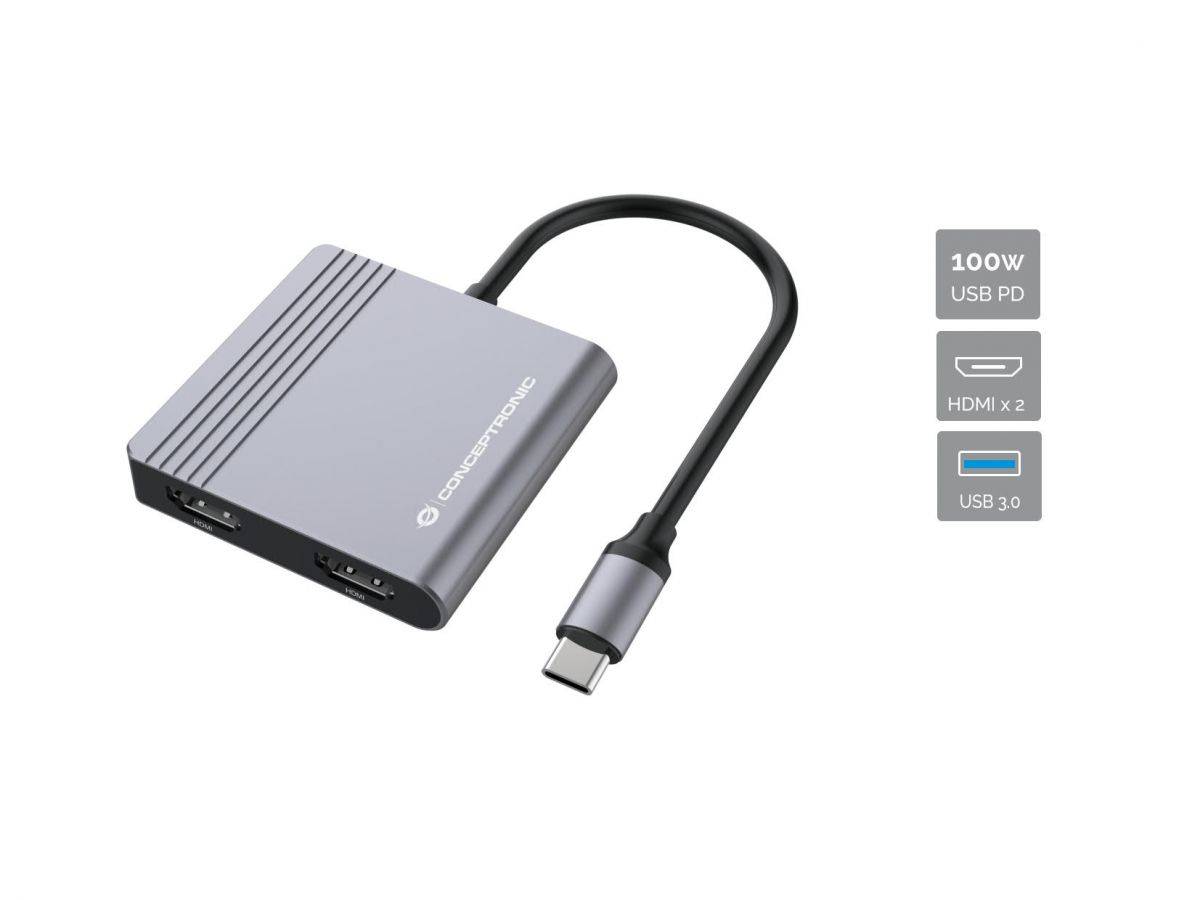 USB-C-Hub mit HDMI-, USB 3.0- und 100W USB-PD-Anschlüssen, gezeigt mit einem kurzen angebrachten Kabel.