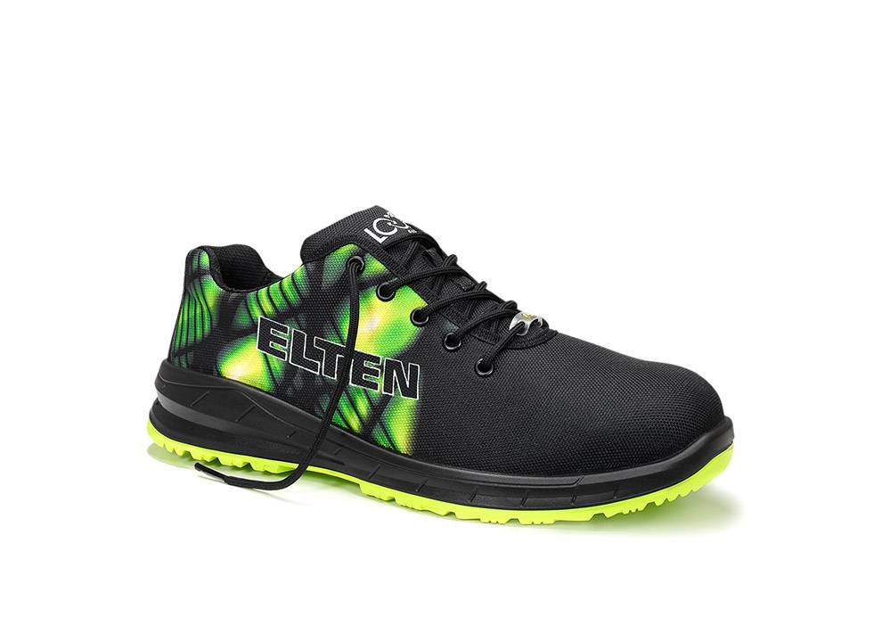 Schwarzer und grüner Sneaker mit 'ELTEN' Logo, mit Neon-Akzenten und einer hellgrünen Sohle.