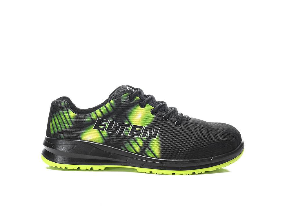 Ein schwarzer und grüner Sportschuh mit dem Markennamen 'ELTEN', der seitlich angebracht ist. Er verfügt über eine Neongrün-Sohle und Musterakzente.