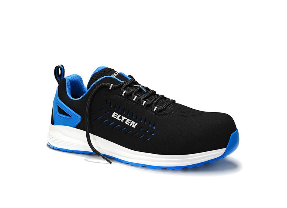 Ein schwarzer und blauer Sportschuh mit der Aufschrift 'Elten' an der Seite, ausgestattet mit einer weiß-blauen Sohle und schwarzen Schnürsenkeln.