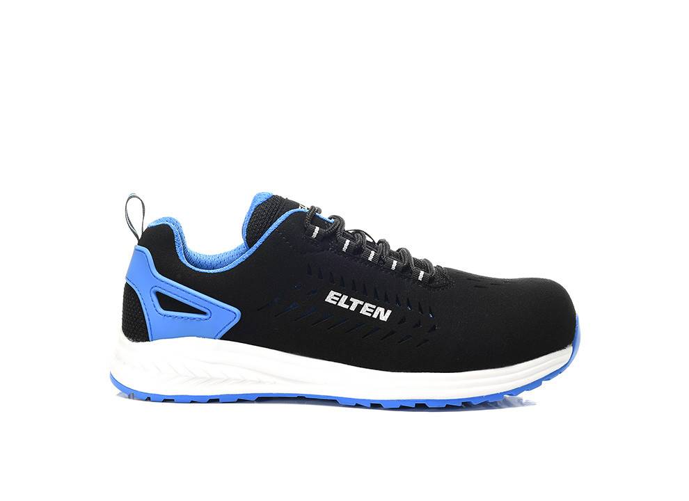 Ein schwarzer und blauer Sportschuh mit der Markenbeschriftung 'ELTEN' an der Seite, ausgestattet mit einer weiß-blauen Sohle, geeignet für Laufen oder lässigen Tragekomfort.