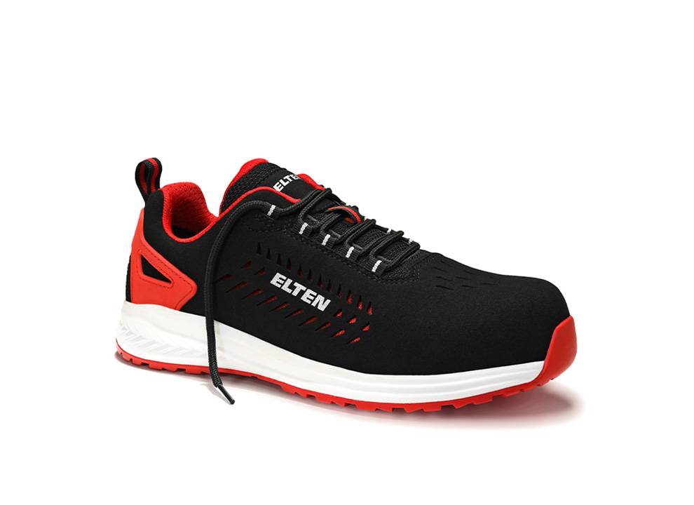 Schwarzer und roter Sportschuh mit dem Markennamen 'ELTEN' an der Seite, ausgestattet mit einer gedämpften Sohle und Schnürsenkeln.