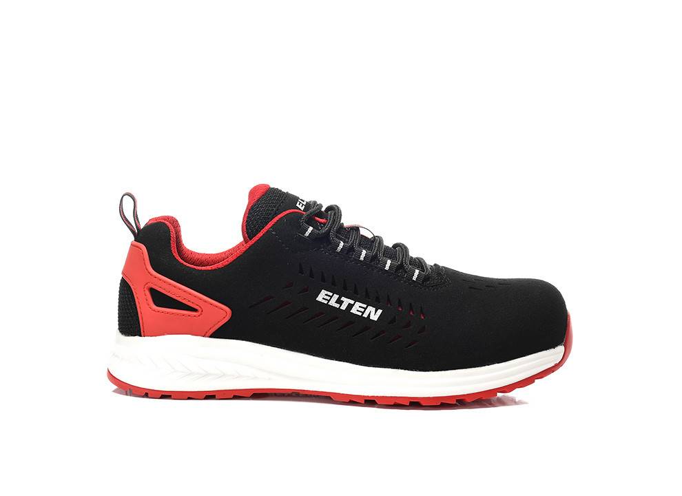 Ein schwarzer und roter Sportschuh mit einem Logo an der Seite, ausgestattet mit einem atmungsaktiven Obermaterial und einer gedämpften weißen Sohle.