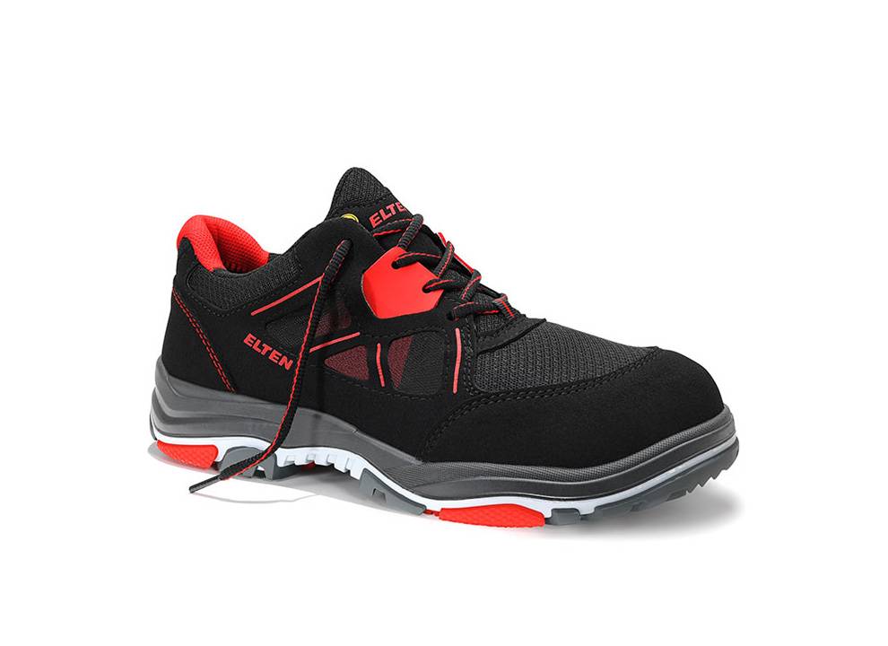 Ein schwarzer und roter Sicherheitsschuh im Sportstil mit rutschfester Sohle und verstärkter Zehenkappe. Der Schuh verfügt über Schnürsenkel und ein Markenlogo.