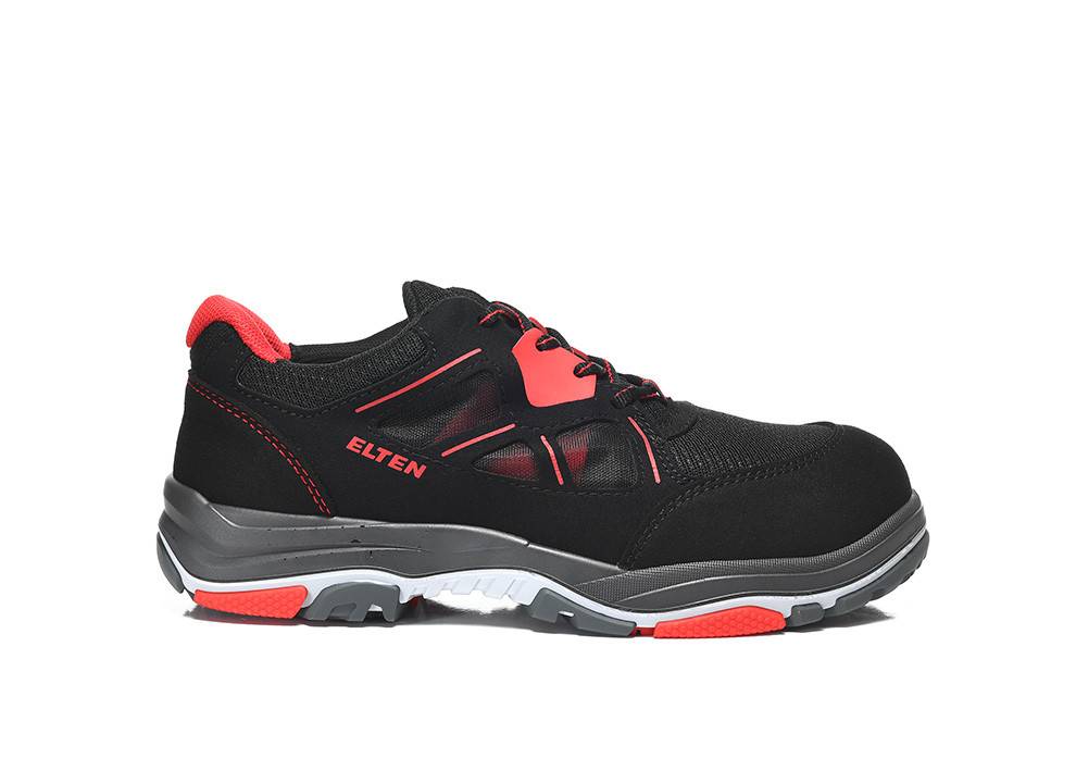 Ein schwarzer und roter Sportschuh mit weißen Sohlenakzenten, für Outdoor-Aktivitäten konzipiert, mit dem Markennamen 'Elten' an der Seite.