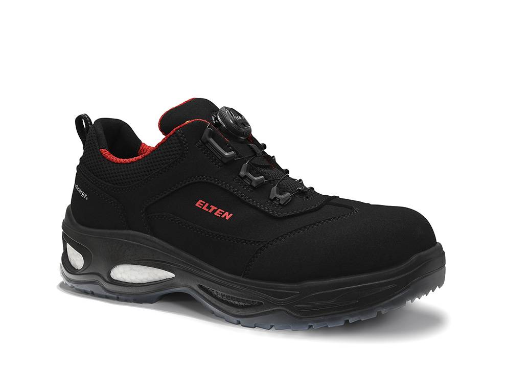 Ein schwarzer und roter Sportschuh mit einer robusten Sohle, mit der Markenbezeichnung 'Elten' an der Seite. Entwickelt für Komfort und Langlebigkeit.