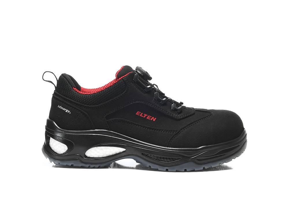 Ein schwarzer und roter Sportschuh mit einer dicken Sohle und einem Klettverschluss, entwickelt für Strapazierfähigkeit und Komfort, mit der Aufschrift 'ELTEN'.