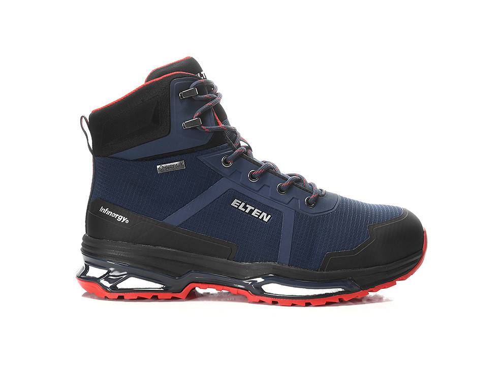 Ein blau-schwarzer Wanderschuh mit roten Akzenten, mit Knöchelschutz und robustem Profil. Der Schuh ist seitlich mit der Aufschrift 