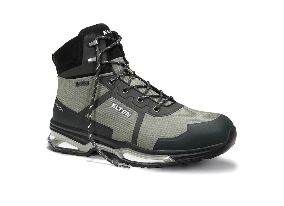 Hoher Stiefel mit robustem Design, grün-schwarzer Farbkombination und einem Markenlogo an der Seite.