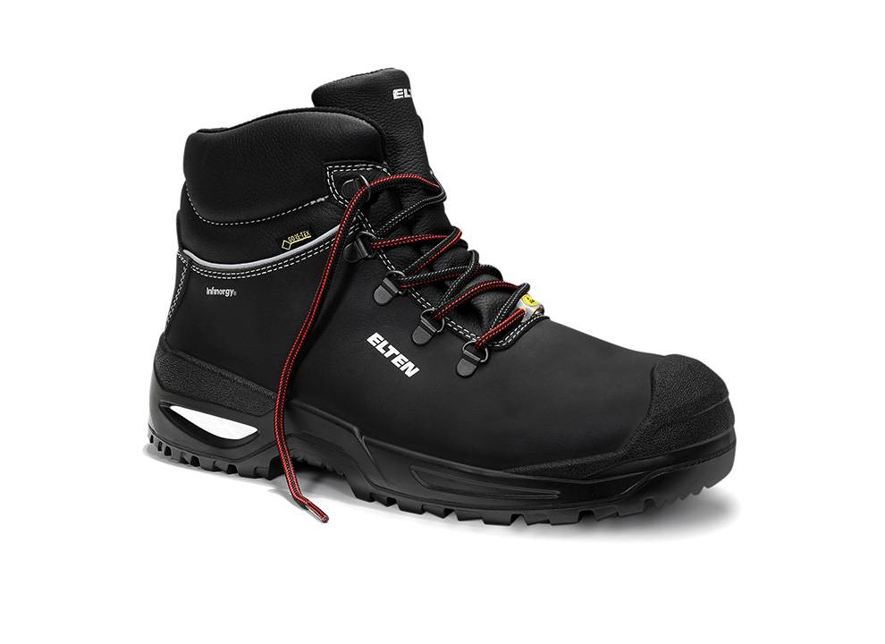 Ein schwarzer Sicherheitsschuh mit roten Schnürsenkeln und verstärkter Zehenpartie, mit dem Aufdruck ‚ELTEN' und Gore-Tex-Technologie, entwickelt für Outdoor- oder industrielle Einsätze.