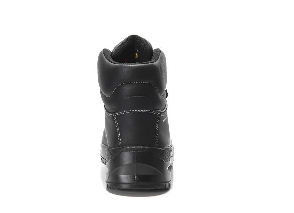 Schwarzer Lederstiefel, von hinten betrachtet, mit Nahtzierden und Sohlendetails.