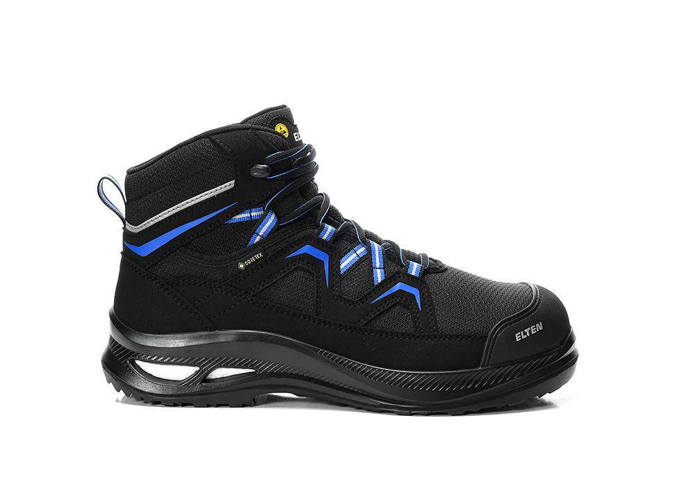 Ein schwarzer und blauer athletischer Stiefel mit einer robusten Sohle, der für Sicherheit und Haltbarkeit konzipiert ist.