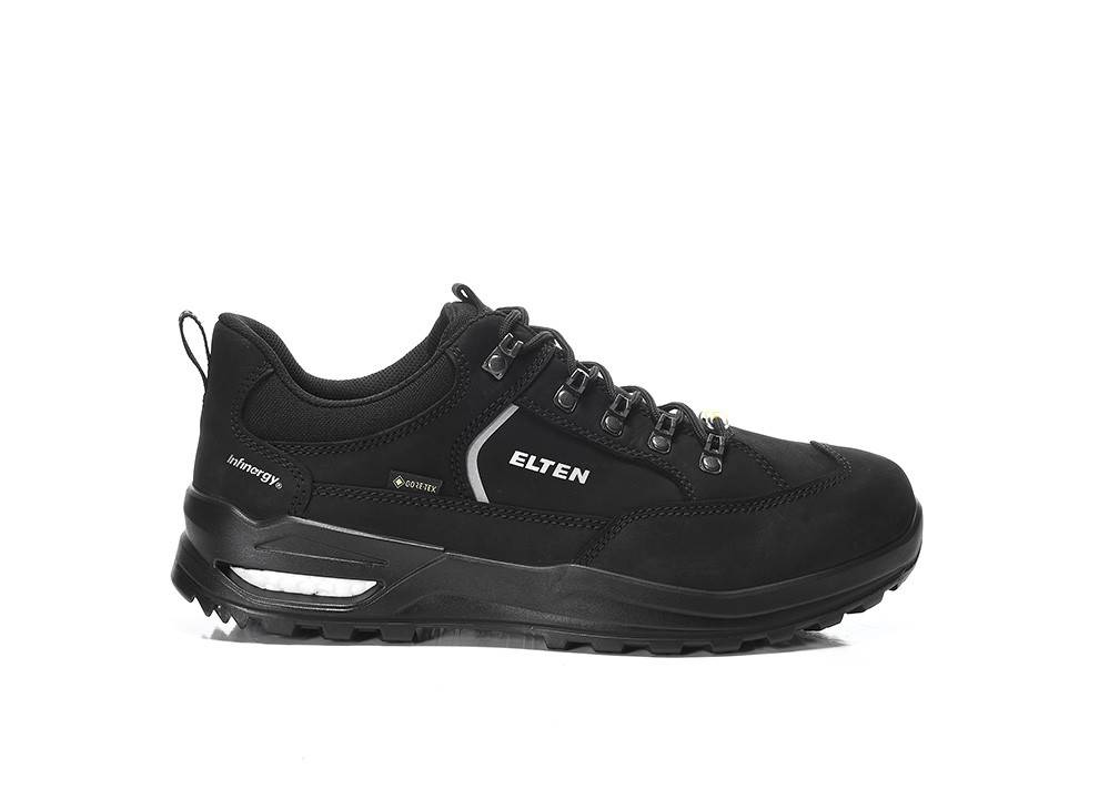 Ein schwarzer Sicherheitsschuh mit niedriger Schnittform und robuster Sohle, auf dessen Seite der Markenname 'Elten' angebracht ist. Der Schuh hat ein stabiles, schnürbares Design.