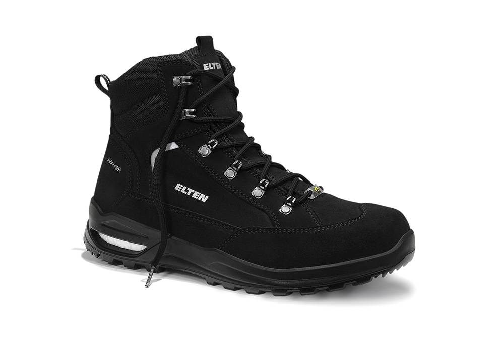 Ein schwarzer Wanderschuh mit Metallösen, schwarzen Schnürsenkeln und einer robusten Sohle. Der Schuh trägt den Markennamen 'ELTEN' an der Seite.