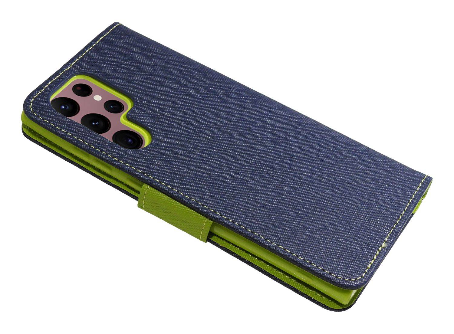 Buch Tasche "Fancy" kompatibel mit SAMSUNG GALAXY S23 ULTRA (SM-918B) Etui mit Standfunktion, Kartenfach Blau-Grün