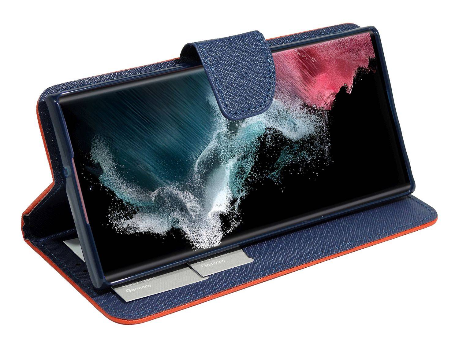 Buch Tasche "Fancy" kompatibel mit SAMSUNG GALAXY S23 ULTRA (SM-918B) Etui mit Standfunktion, Kartenfach Rot-Blau