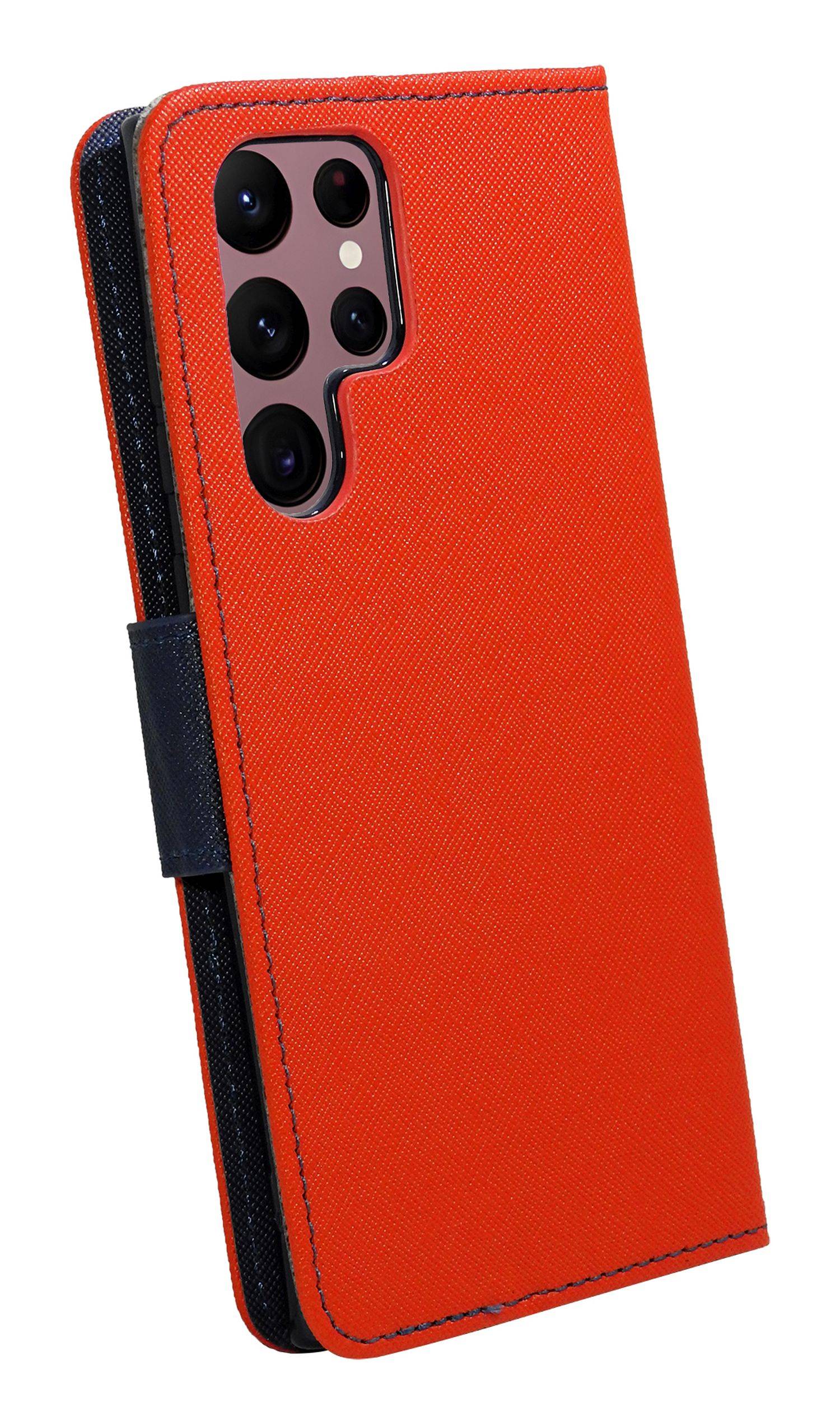 Buch Tasche "Fancy" kompatibel mit SAMSUNG GALAXY S23 ULTRA (SM-918B) Etui mit Standfunktion, Kartenfach Rot-Blau