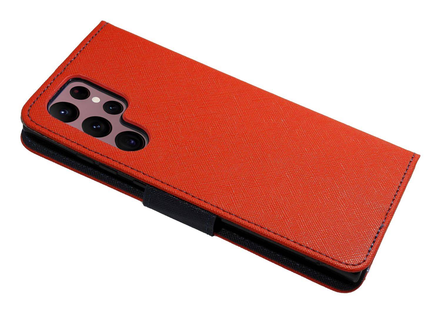 Buch Tasche "Fancy" kompatibel mit SAMSUNG GALAXY S23 ULTRA (SM-918B) Etui mit Standfunktion, Kartenfach Rot-Blau