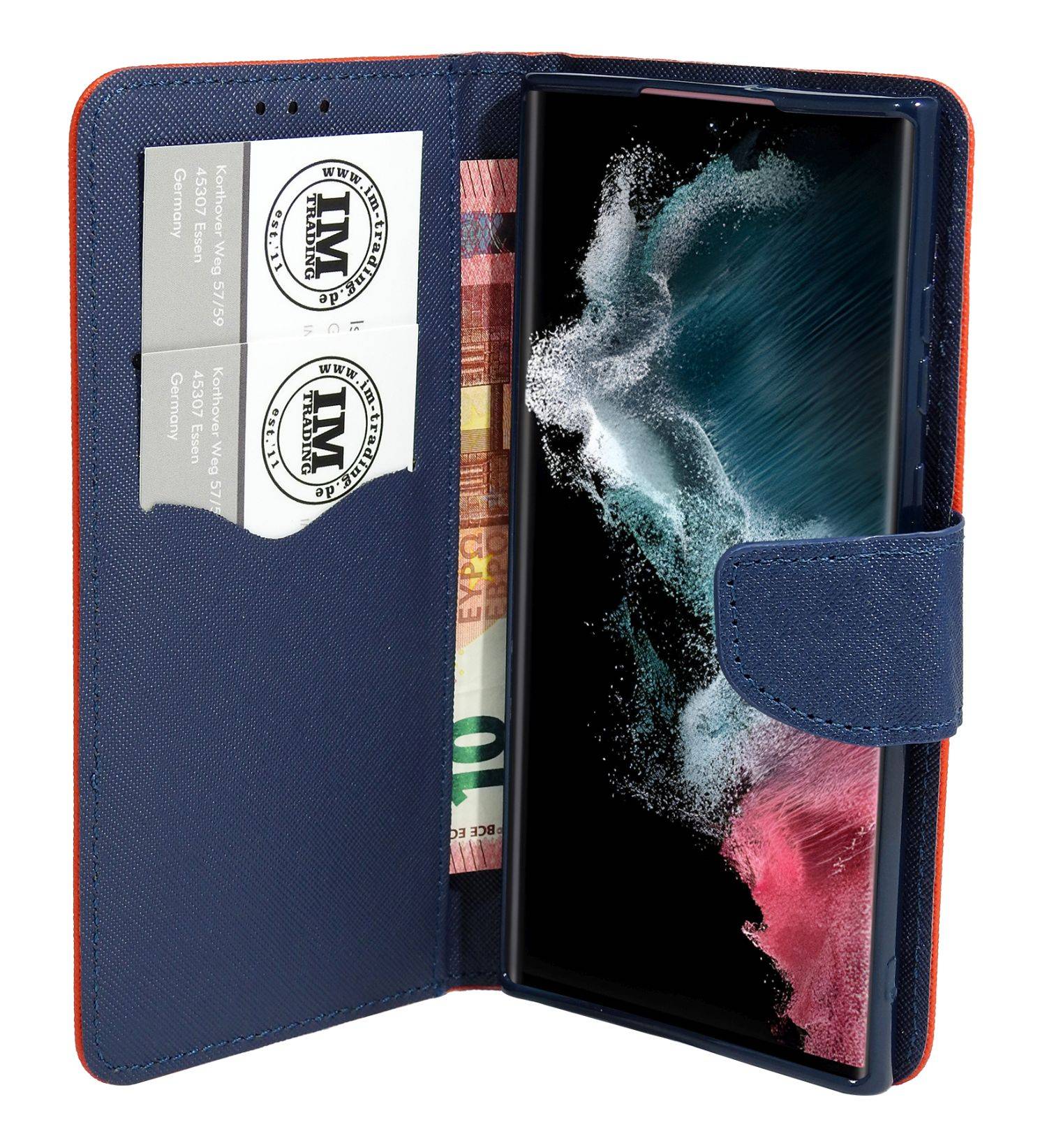 Buch Tasche "Fancy" kompatibel mit SAMSUNG GALAXY S23 (SM-911B) Etui mit Standfunktion, Kartenfach Rot-Blau