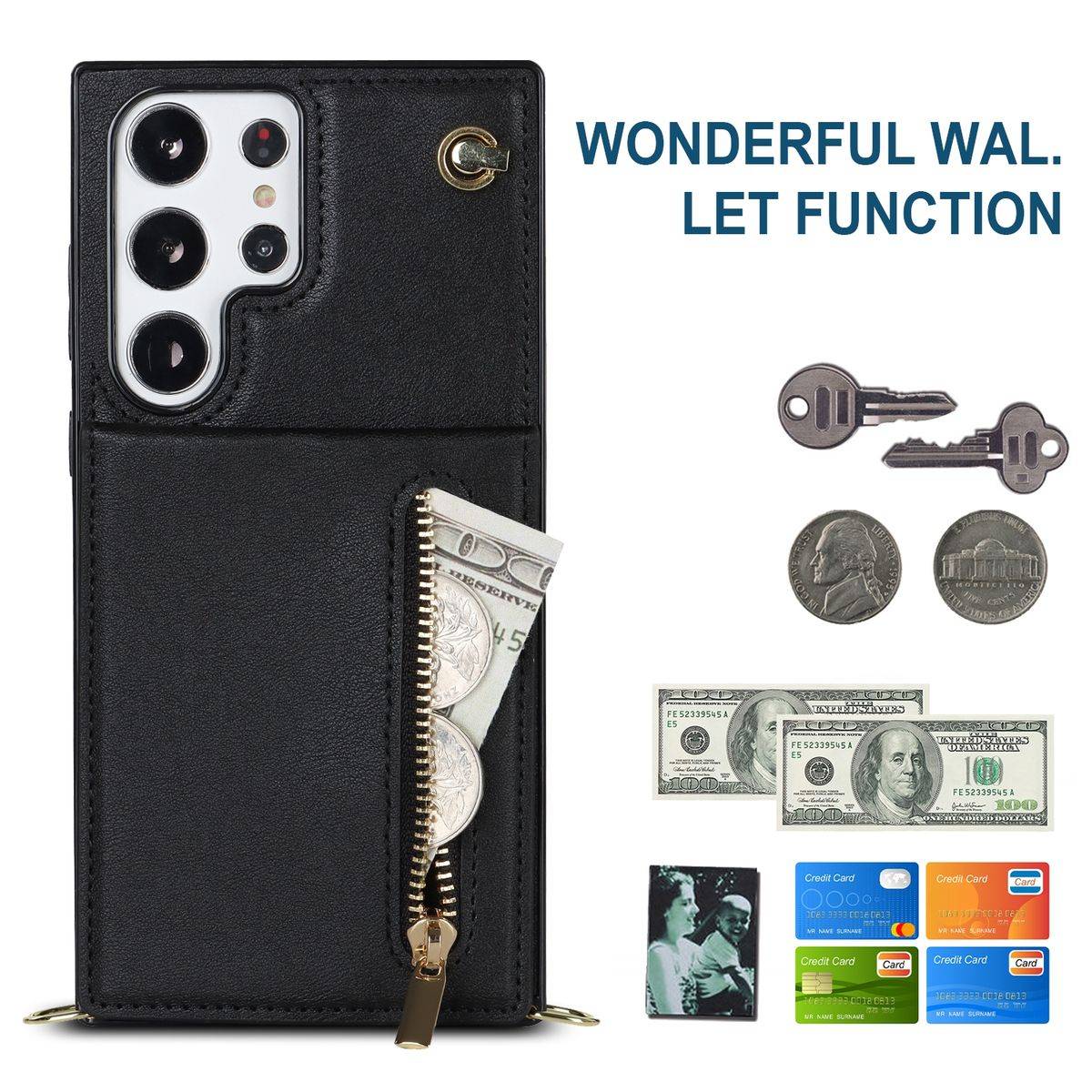 Für Samsung Galaxy S23 Ultra 5G Multifunktion Handy Tasche Geldbörse Hülle Etuis Schwarz