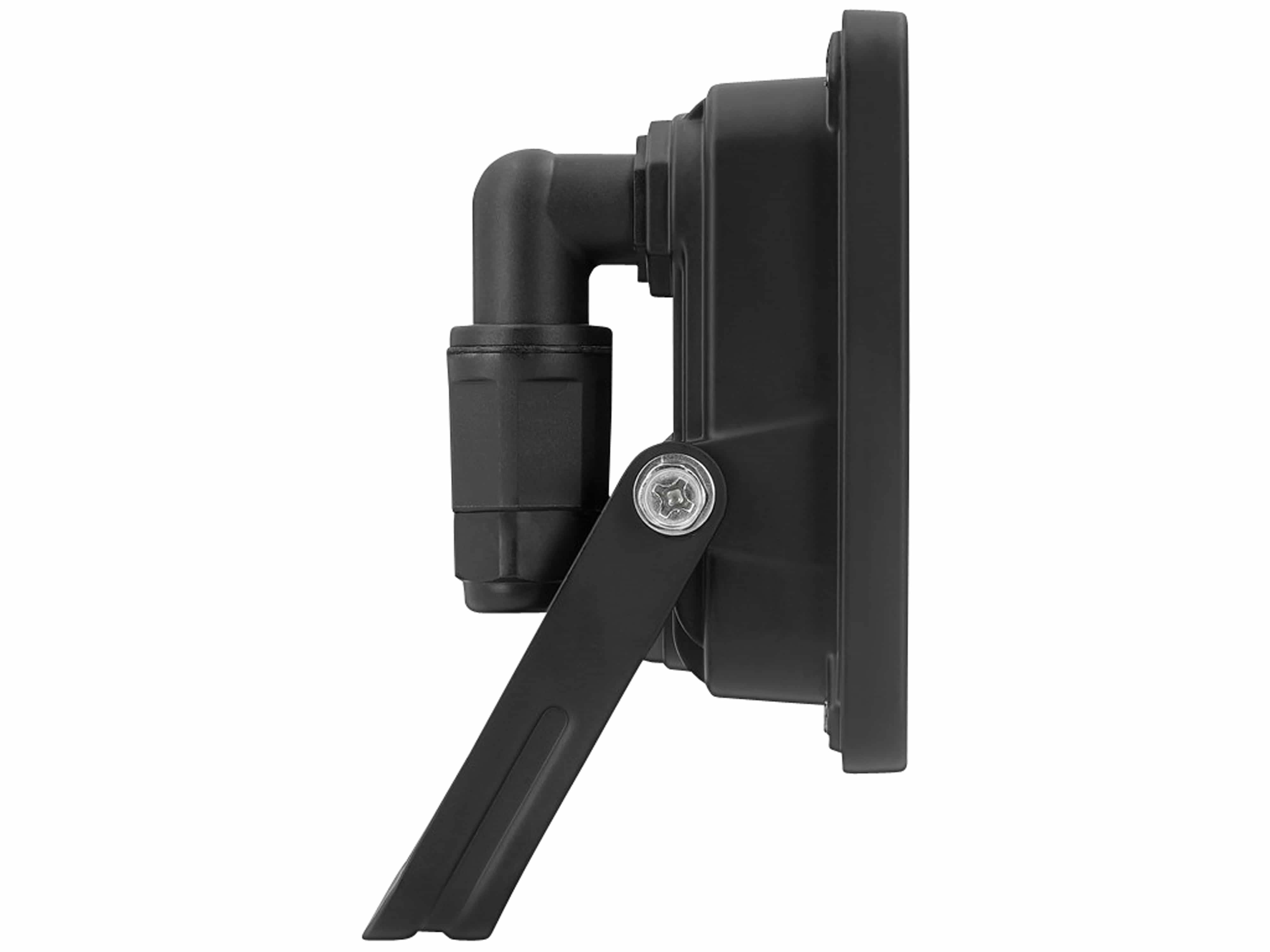 Eine schwarze Außen-Sicherheitskamera mit einer verstellbaren Montageklammer wird von der Seite gezeigt.