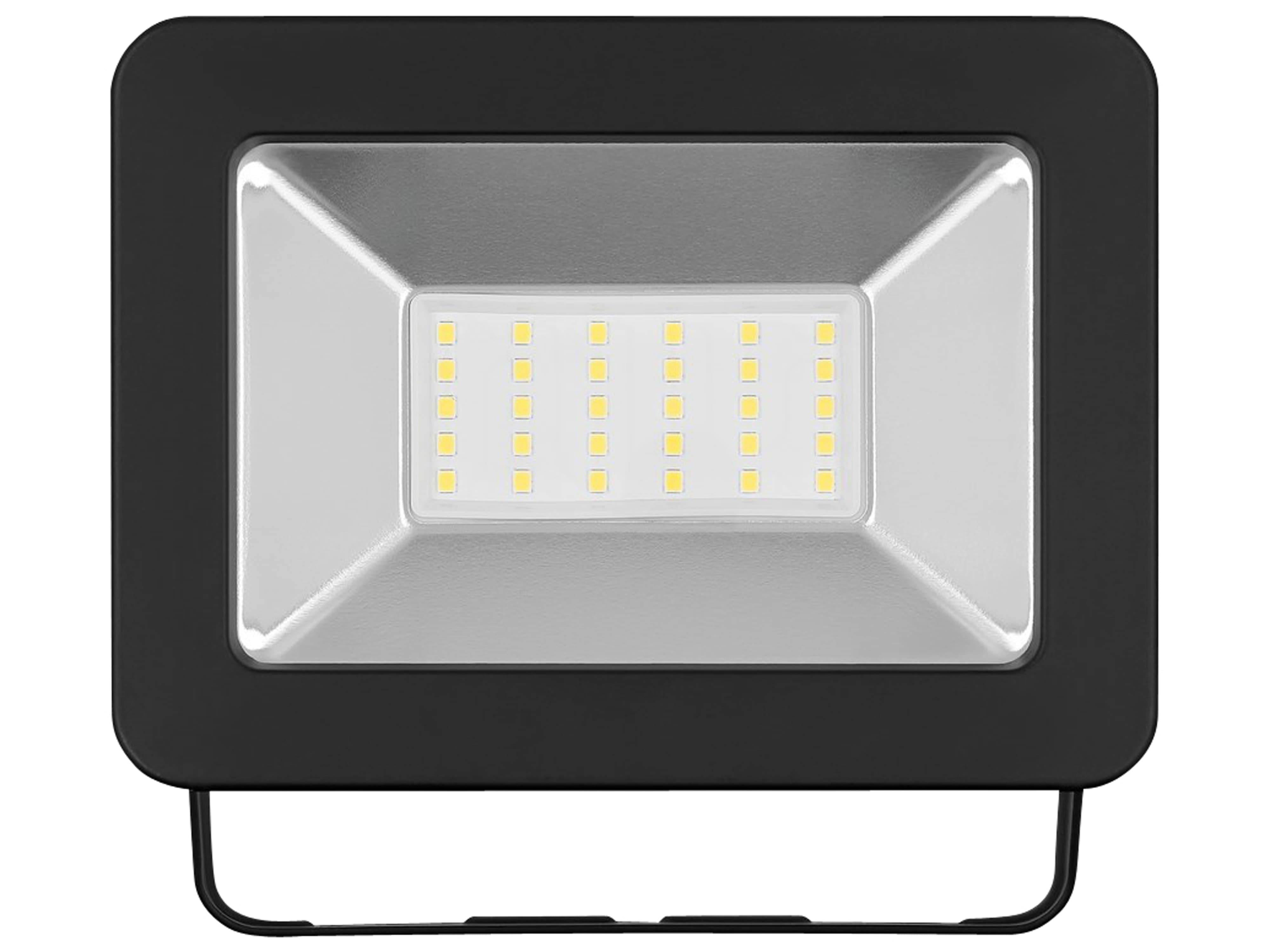 Ein rechteckiges LED-Flutlicht mit schwarzem Rahmen, das in der Mitte ein Gitter aus gelben LED-Leuchten aufweist und für die Außenbeleuchtung konzipiert ist.