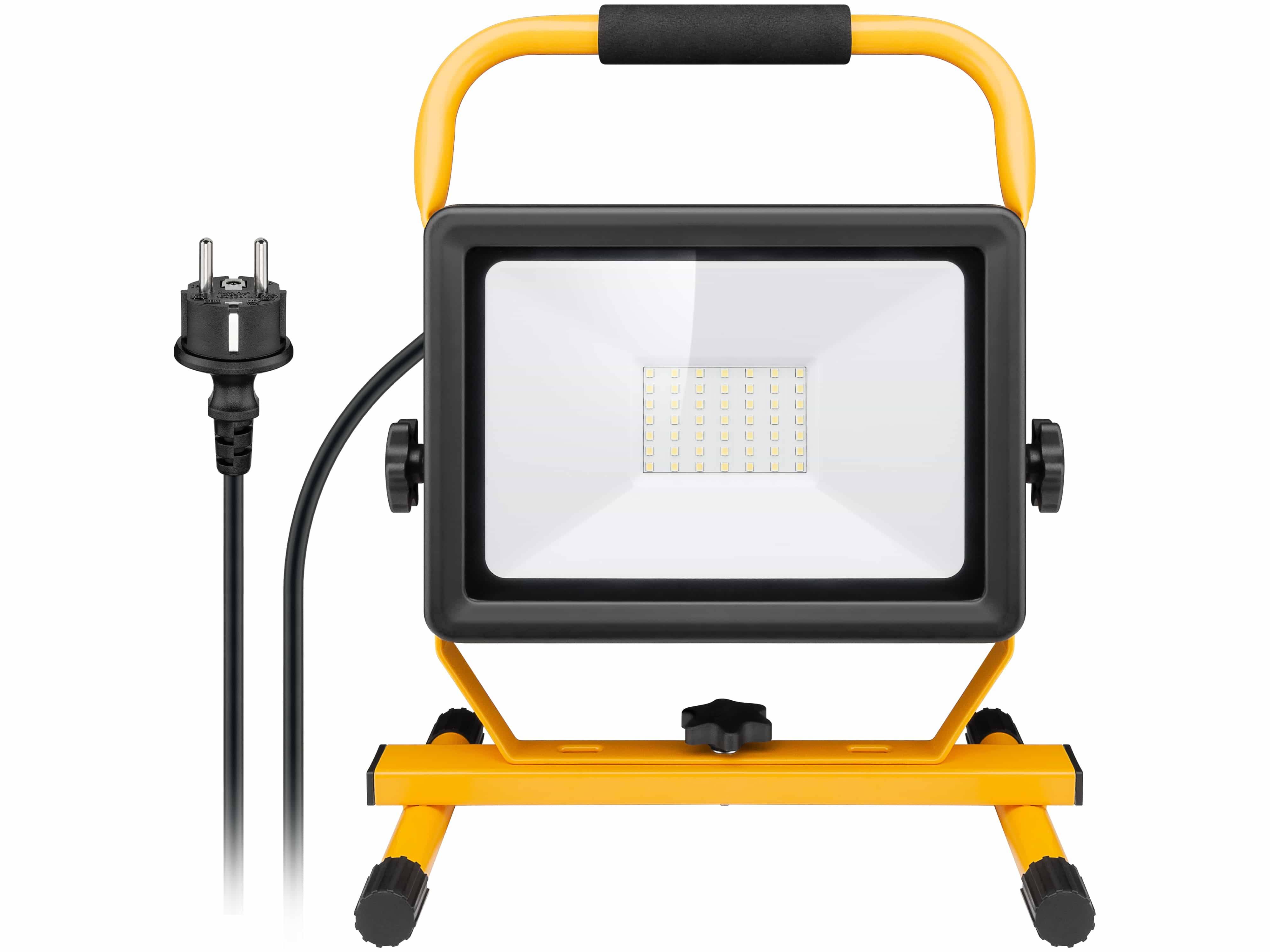 Tragbare LED-Baustrahler auf Ständer mit Griff und Stromkabel, entwickelt für die Außen- oder Baustellen-Beleuchtung.