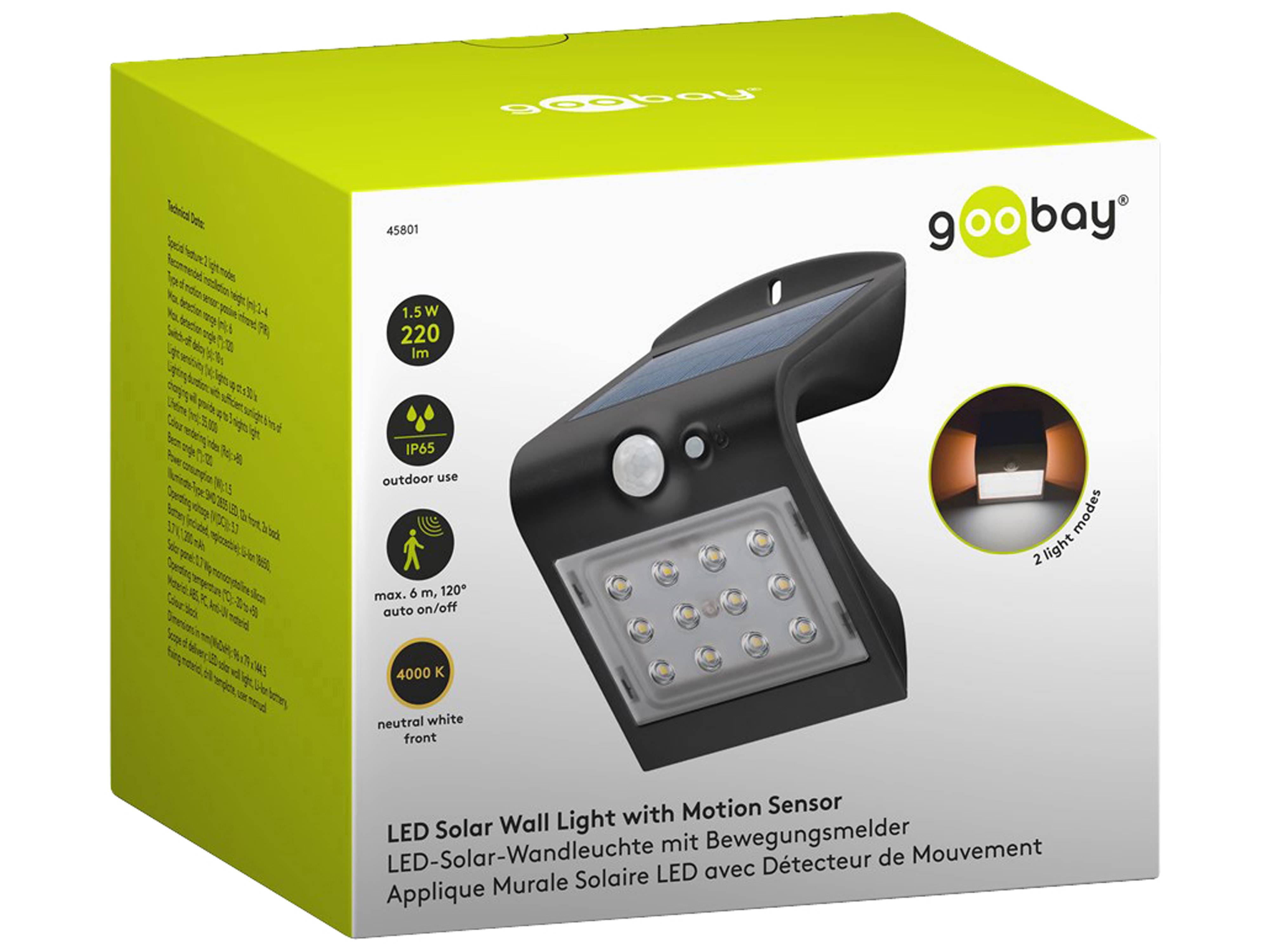 LED-Solarwandleuchte mit Bewegungsmelder - Verpackung mit Produktabbildung, Funktionen wie IP65, 220°, 4000K und zwei Helligkeitsmodi.