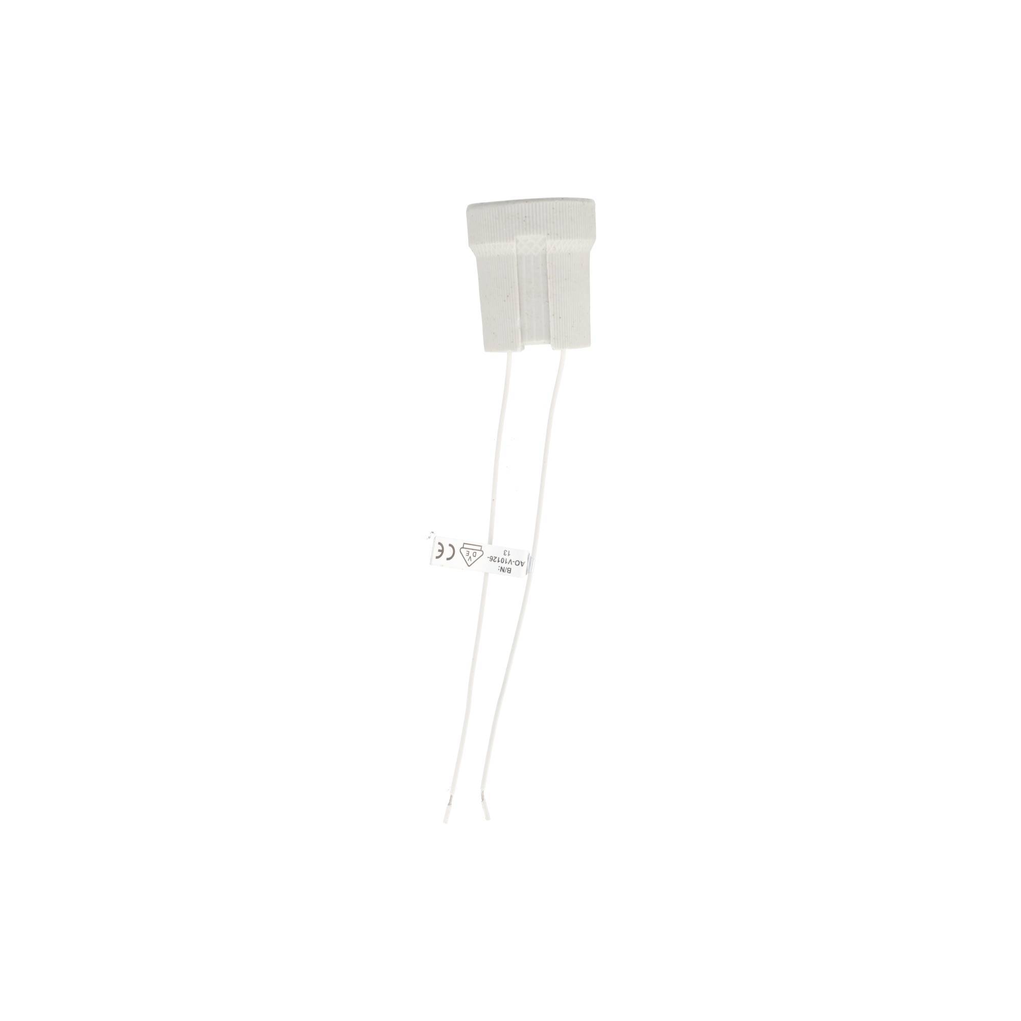 Weißer zweipoliger elektrischer Stecker mit grauer Kunststoffkappe auf einfachem weißem Hintergrund.