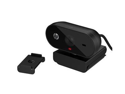 HP-Webcam mit rechteckigem Design, montiert auf einer verstellbaren Basis. Sie umfasst eine abnehmbare Abdeckung zum Schutz der Linse.