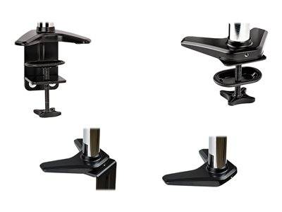 Zwei verstellbare Schreibtischklemm-Halterungen aus Metall und Gummi, konzipiert zum sicheren Befestigen von Monitorarmen an der Kante eines Schreibtisches.