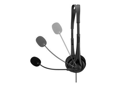 Ein schwarzes Headset mit einem verstellbaren Mikrofonarm in verschiedenen Positionen, das seine Flexibilität veranschaulicht.