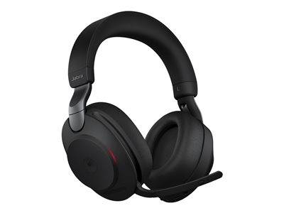 Ein schwarzes Jabra Over-Ear-Headset mit angebrachtem Mikrofon, entwickelt für Audiokommunikation und wahrscheinlich für Anrufe oder Gaming verwendet.