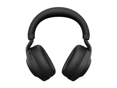 Schwarze Over-Ear-Kopfhörer mit gepolstertem Kopfbügel und gepolsterten Ohrmuscheln, vor einem einfachen weißen Hintergrund.