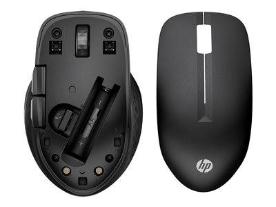 Eine schwarze drahtlose Computermaus mit abgenommenem Rückendeckel, die das Batteriefach und die Innenkomponenten zeigt; ein 'HP' Logo ist sichtbar.