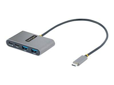 USB-C-Hub mit zwei USB-3.0-Anschlüssen, einem USB-C-Anschluss und einem HDMI-Anschluss. Graues, rechteckiges Design mit einem einzelnen Kabel, das zu einem USB-C-Stecker führt.