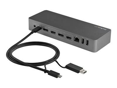 Eine schlanke, rechteckige Docking-Station mit mehreren Anschlüssen, darunter HDMI, USB-C und Ethernet, zusammen mit einem schwarzen USB-C-Kabel.