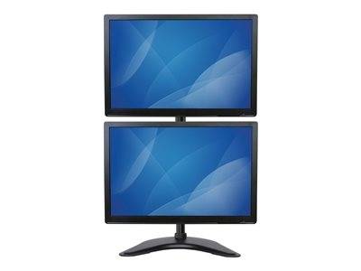 Zwei identische Computermonitore, vertikal auf einem einzelnen Ständer übereinander gestapelt, die einen blauen abstrakten Hintergrund anzeigen.