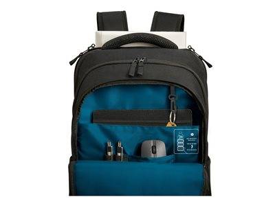 Ein schwarzer Rucksack mit blauer Innenfütterung, auf der Fächer zu sehen sind, enthält Stifte, eine Maus, ein Notizbuch und einen Laptop-Ärmel oben.